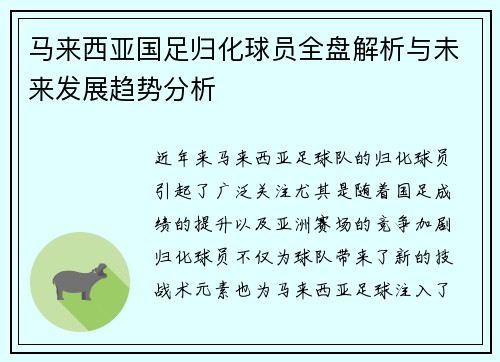 马来西亚国足归化球员全盘解析与未来发展趋势分析 马来西亚国足归化球员全盘解析与未来发展趋势分析