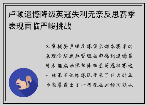 卢顿遗憾降级英冠失利无奈反思赛季表现面临严峻挑战