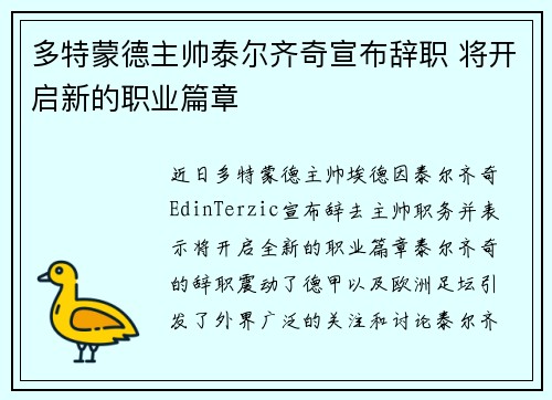 多特蒙德主帅泰尔齐奇宣布辞职 将开启新的职业篇章